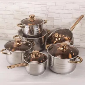 Stainless steel cookware set featuring multiple stockpots, saucepan, frying pan, and glass lids.