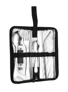 Ensemble de couverts d'exterieur en acier inoxydable portable avec accessoires de camping.