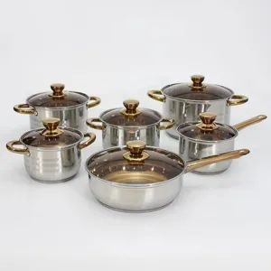 Stainless steel cookware set with stockpot, saucepan and frying pan, gold handles, glass lids.