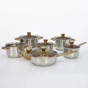 Stainless steel cookware set detail featuring multi-sized pots and pans with elegant gold handles.