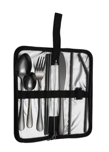 Détails set de couverts de camping en acier inoxydable, cuillère, fourchette, couteau, baguettes.
