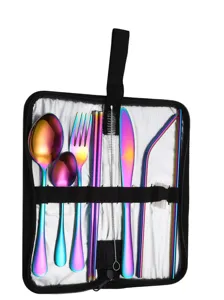Kit de couverts arc-en-ciel en acier inoxydable pour camping avec sac de rangement