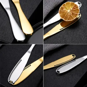 Stainless steel butter knife cheese spreader set with holes and serrated edge for kitchen.