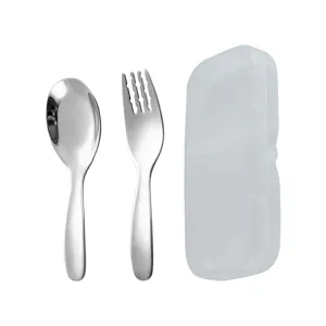 Ensemble cuillère et fourchette pour enfants en acier inoxydable avec boîte de rangement.