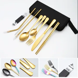 Set de Couverts Portables en Acier Inoxydable Couteau Fourchette Cuillère Baguettes Paille Camping Extérieur