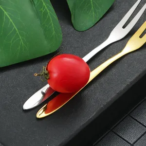 Stainless steel fruit forks set, golden and silver small dessert forks for cake and pastries.