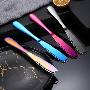 Stainless steel butter knife set with holes, colorful cheese spreader for bread and jam.