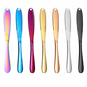Stainless steel butter knife, colorful cheese and bread jam spreader tool with hanging hole.