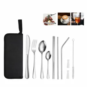 Set de couverts en acier inoxydable portable avec étui, fourchette, cuillère pour camping.
