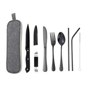 Set de couverts en acier inoxydable portable avec étui, coutellerie de camping noire.