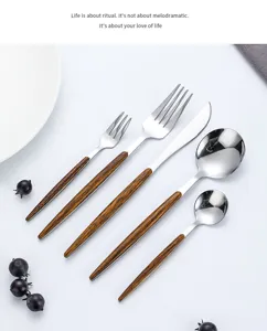 Stainless steel flatware set with wood grain handle, Portuguese style western cutlery knife and fork.
