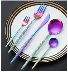 Rainbow stainless steel cutlery set five pieces with hammered handle elegant flatware detail view