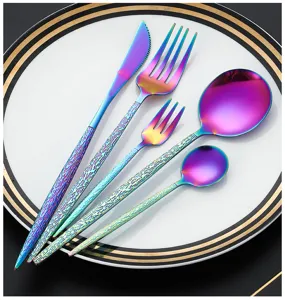 Stainless steel rainbow cutlery set 5-piece flatware set with textured handles for dining.