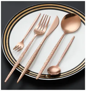 Rose gold stainless steel hammered handle cutlery 5-piece set detail view for modern dining.