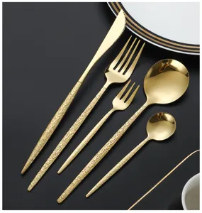 Gold stainless steel flatware set with textured handles knife fork spoon kitchen tableware