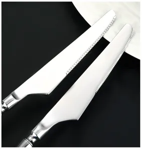 Vue détaillée du couteau à steak en acier inoxydable avec lame dentelée et manche.