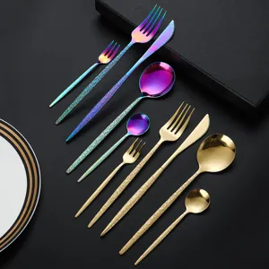 Stainless Steel Portuguese Hammered Wood Grain Handle Western Tableware Knife Fork Spoon Kitchen Dinnerware