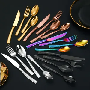 Ensemble de Couverts en Acier Inoxydable 304 Poignée Martellée Créative Couteau à Steak Ouest Fourchette Cuillère Vaisselle de Cuisine Or Argent