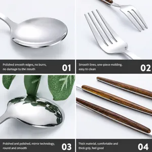 Stainless steel cutlery set with wood grain handle, western dinner spoon and fork.