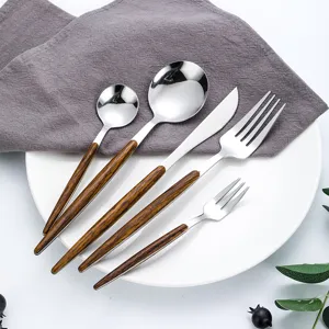 Stainless steel cutlery set with wood grain handle table knife spoon fork kitchenware