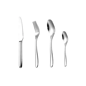 Stainless steel cutlery set with thick egg-shaped handles, including knife, fork, and spoon.
