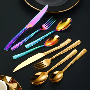 Set de Couverts en Acier Inoxydable Poignée Martelée Couteau Fourchette Cuillère Repas