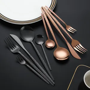 Stainless steel flatware set cutlery knife fork spoon black rose gold textured handle main