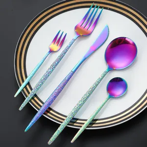 Stainless steel cutlery set rainbow 5-piece western tableware with unique hammered handle