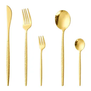Golden stainless steel cutlery set with hammered handles, luxury 5-piece western tableware.
