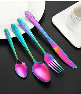Rainbow titanium stainless steel flatware set, 4-piece knife fork spoon for home kitchen.