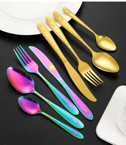 Stainless steel cutlery set rainbow gold titanium plating knife fork spoon flatware table