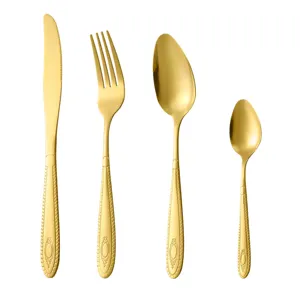 Gold stainless steel cutlery set 4 pieces, luxury embossed handle flatware for kitchen home.