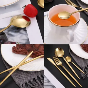 Set de couverts en acier inoxydable doré cuisine 24 pièces poignée plate vaisselle