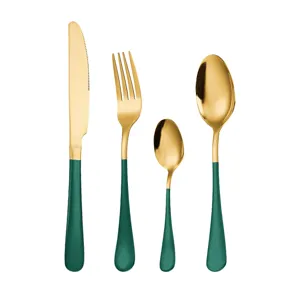 Stainless steel flatware set 4 pieces gold and green luxury cutlery knife fork spoon
