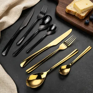 Luxury stainless steel flatware set black gold kitchen knife fork spoon tableware