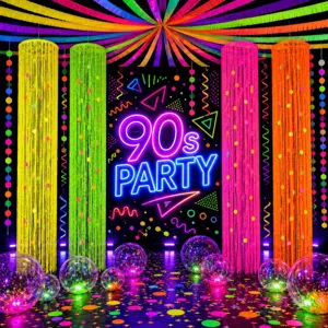 Cortinas de flecos de oropel de neon y decoracion de fiesta de globos para tema de los anos 90