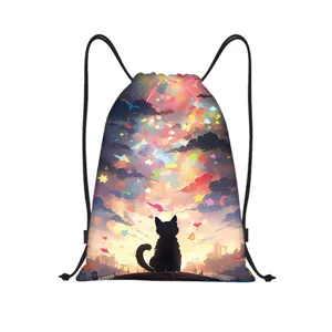 Sac à dos cordon en polyester avec motif chat étoilé, léger sac de gym pour le sport.