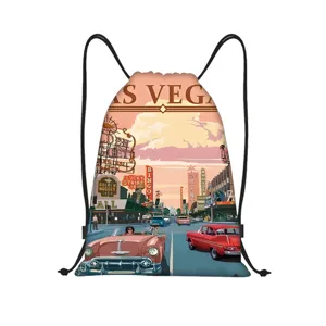 Sac a dos cordon en polyester avec motif vintage Las Vegas, sac de sport leger pour fitness.