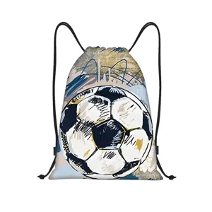 Sac à dos cordon en polyester avec motif ballon de football, sac de sport pour plein air.
