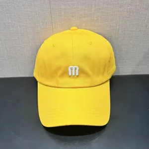Yellow baseball cap for women men, cotton curved brim sun hat with white embroidery letter.