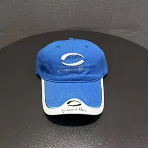 Close-up detail of the blue and white baseball cap featuring neat embroidery and panel design.