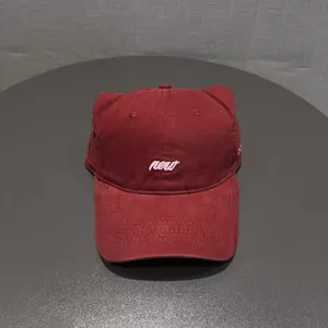 Cute cat ear baseball cap for women, stylish red cotton dad hat with embroidered front letters.
