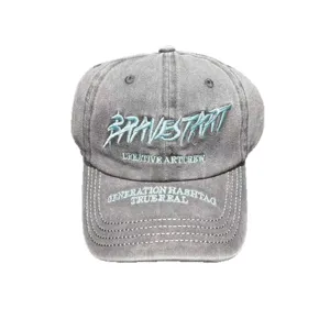 Washed cotton embroidered baseball cap for women, vintage grey curved brim sun protection hat.