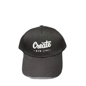 Black baseball cap for women and men, classic curved brim and white embroidered letter design.