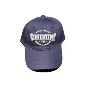 Classic dark blue baseball cap with embroidered confident slogan, stylish and versatile for daily wear.