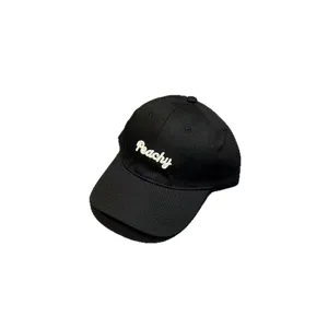 Black baseball cap with white embroidered Peachy text, casual adjustable sunshade hat for women.