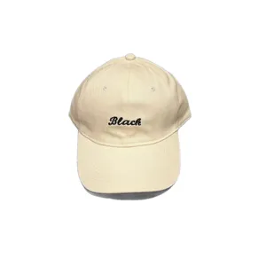 Beige baseball cap with black embroidered letters, casual soft top hat for daily wear.