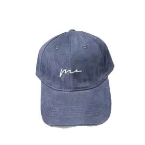Washed blue baseball cap with white embroidered text me, classic curved brim casual hat.