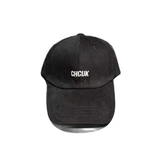 Black washed cotton baseball cap with stylish white embroidered front lettering casual sun hat.