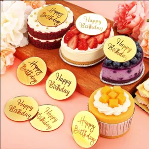 Cake Topper Happy Birthday en Acrylique Rond Miroir Or Argent Champagne Or Rose Fête d'Anniversaire Décoration de Gâteau